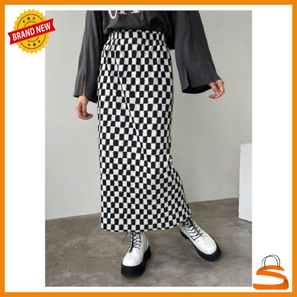 Elastic Waist Plaid Skirt Long Straight Slit Hem Women's - Picture 3 of 7